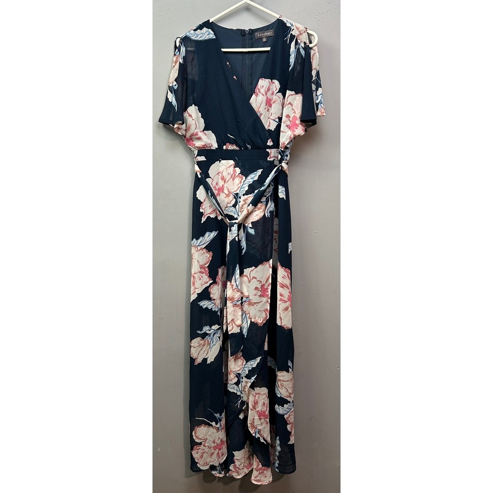 Luxology Maxi Dress Womens 6 Blue Floral Chiffon Faux Wrap Y624995E29 Flutter
